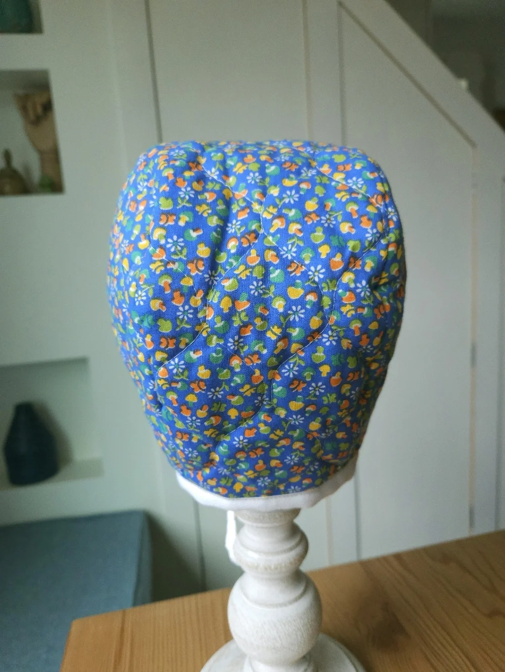 Upcycled Quilted Baby Bonnet Blue Mushroom Fully Lined 6-12 months